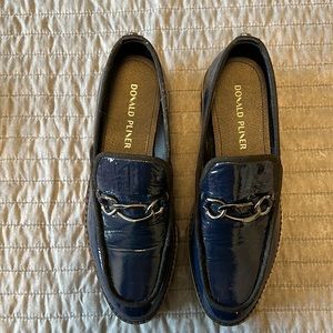 Navy patent leather loafers by Donald Pliner